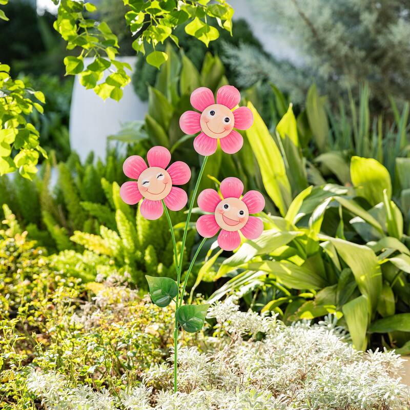 Glitzhome 36"H Metal Garden Triple Happy Face Flower Yardstake Wall Decor