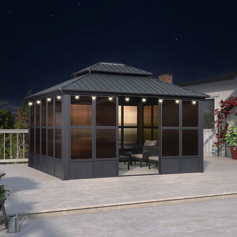 PURPLE LEAF Double Top Outdoor Sunroom Screen House Patio Hardtop Gazebo - 12' x 14' - Grey(With Ligths)