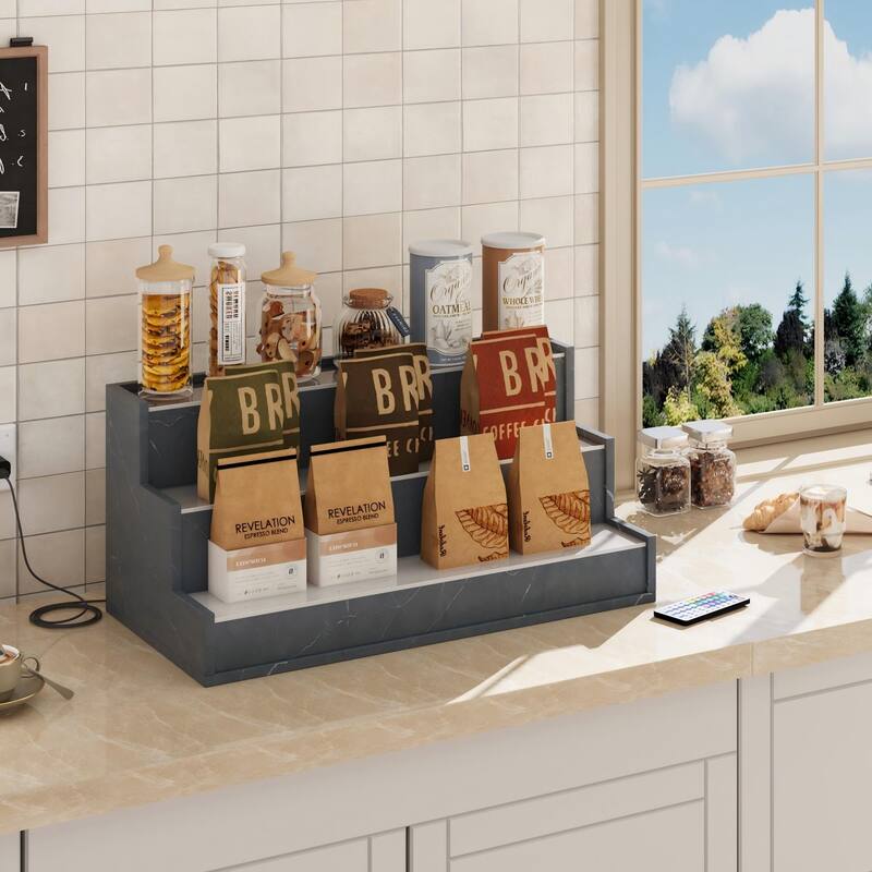 EROMMY LED Lighted Wine & Liquor Display Shelf with Remote, 3-Tier Tabletop Bar Rack, USB Powered - Grey.