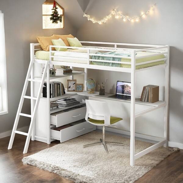 slide 2 of 29, Modern Twin Size Metal Loft Bed with Desk and Shelves, Two Built-in Drawers, Sturdy Construction & Safety Guaranteed, White White