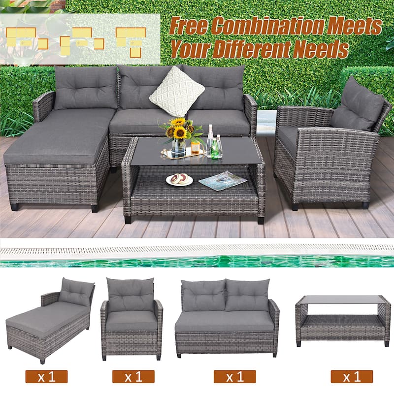 Costway 4PCS Patio Rattan Furniture Set Cushioned Loveseat Table Shelf - Grey - See Details