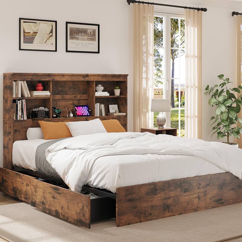 Full/Queen Bed Frame with Tall Bookcase Headboard & 4 Storage Drawers - Platform Bed with Charging Station - Full - Brown