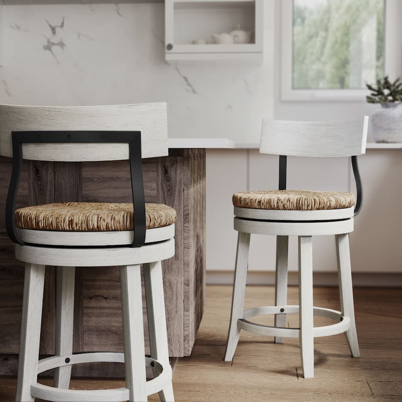 Farmhouse Swivel Wood and Steel Bar Stool with Natural Seagrass Seat