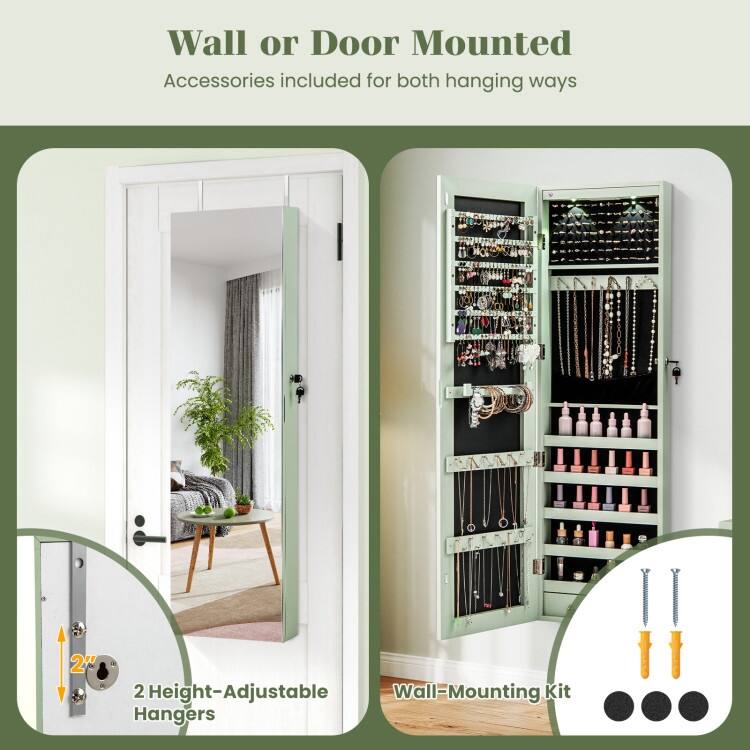 LED Lights Wall and Door Mounted Jewelry Storage Lockable Cabinet with Full Length Mirror - 14" x 4" x 54.5" (L x W x H)