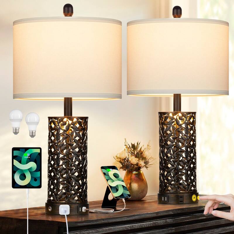 Black with Gold Metal Table Lamps Nightlight 2in1 USB Ports AC Outlet