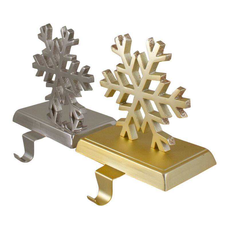 Set of 2 Gold and Silver Shiny Snowflake Christmas Stocking Holders - 5"