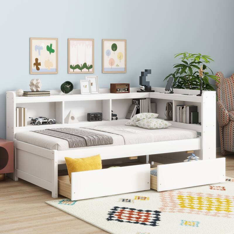 Wooden Platform Sofa Bed Frame with L Shaped Bookcase and Charging Station, Living Room Corner Daybed with 2 Storage Drawers - White - Twin