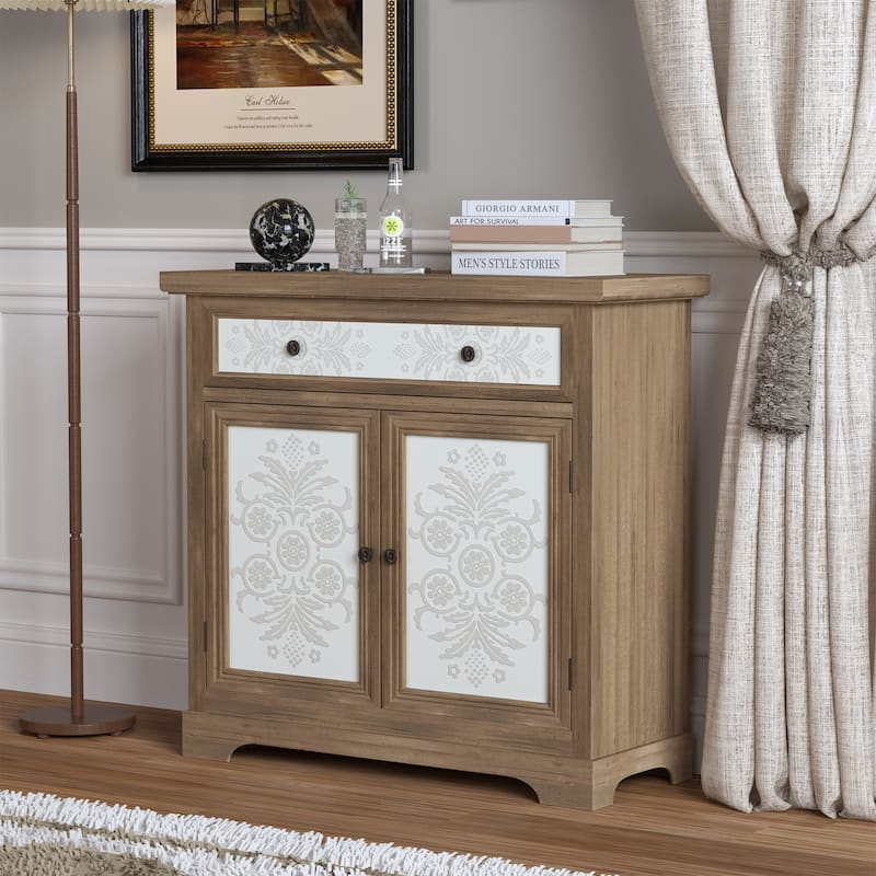 Rustic Vintage Accent Cabinet with Carved Floral Panels, Distressed Wood Sideboard with Drawer and Double Doors