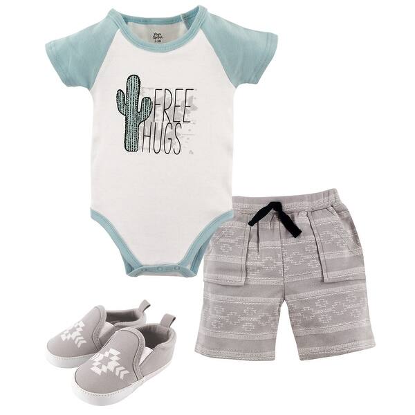 slide 1 of 1, Yoga Sprout Baby Boy Cotton Layette and Shoe 3pc Set, Free Hugs 0-3 Months - Free Hugs