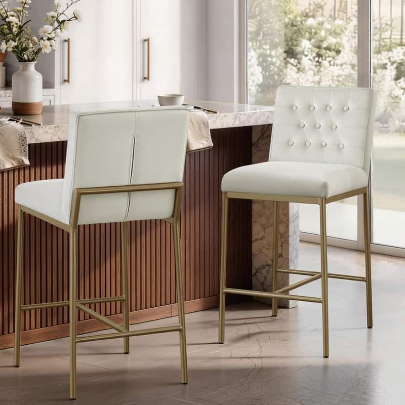 Spruce & Spring Velvet Tufted Counter Bar Stool with Metal Frame - Set of 2 - Cream
