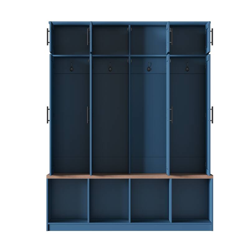 75"H Hall Tree with Walnut Storage Bench，Entryway Shoe Cabinet with Open Compartments and 8 Doors, 4 Hidden Hanging Hooks
