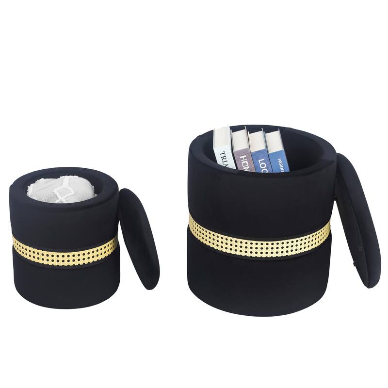 Adeco Set of 2 Velvet Storage Ottoman Round Foot Stool Metal Band