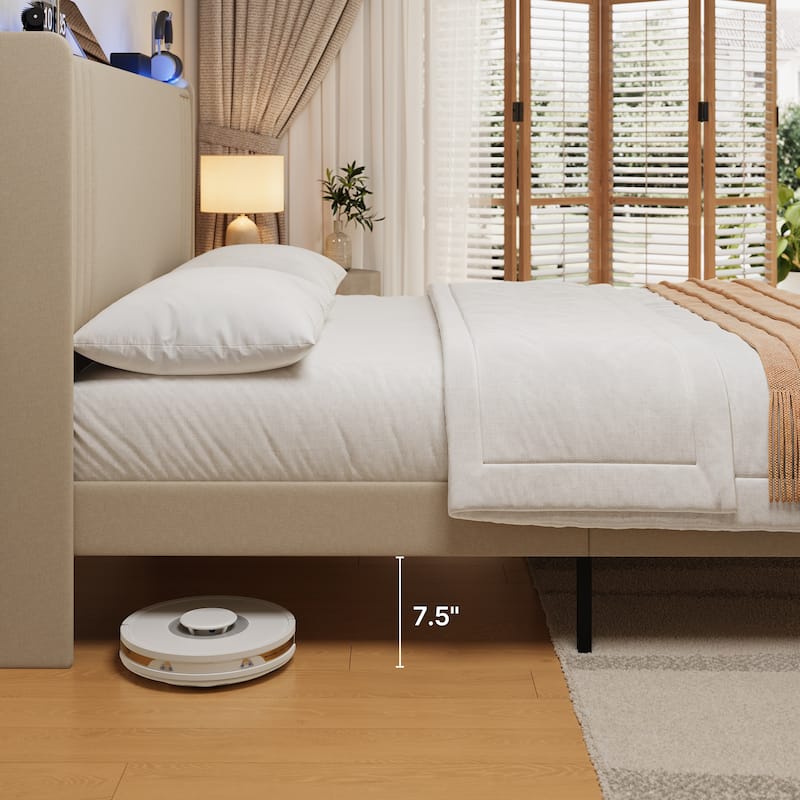 Queen/ Full Vertical Channels Upholstered Bed with Wingback Headboard