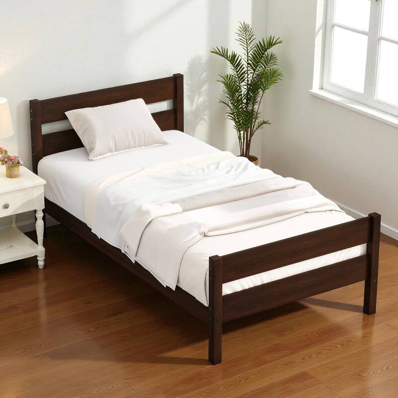 Twin Bed with Headboard and Footboard, Solid Rubber Wood Frame with Under-Bed Storage and Durable Slat Support - Espresso - Twin