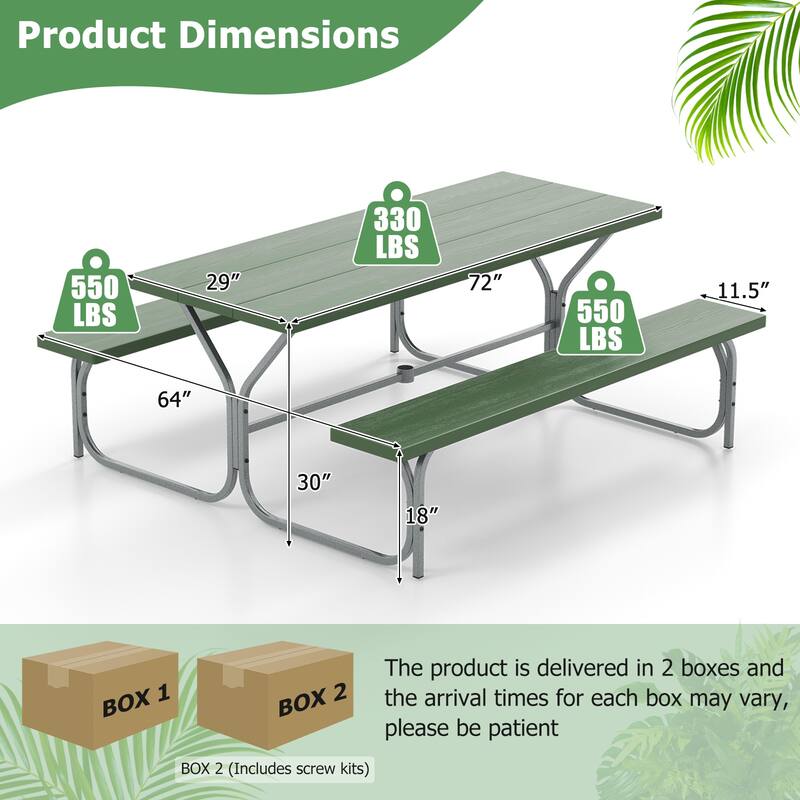 72 Inch 8-Person Outdoor Picnic Table and Bench Set with HDPE Wood-Texture Top and with Built-in Umbrella Hole