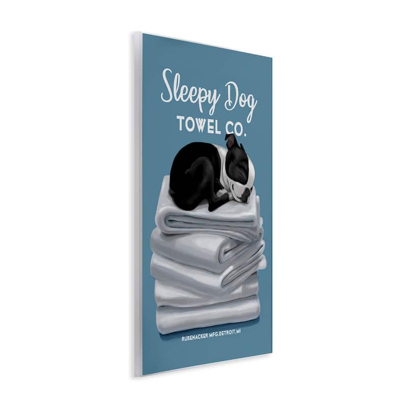 Stupell Sleepy Dog Towel Co. Adorable Boston Terrier Bathroom Wood Wall Art, 10 x 15 - Blue
