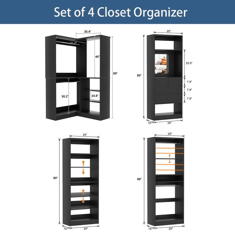 Cimly 111'' Set of 4 Freestanding Closet Organizer, Space-saving Corner Closet System with Shoe Rack