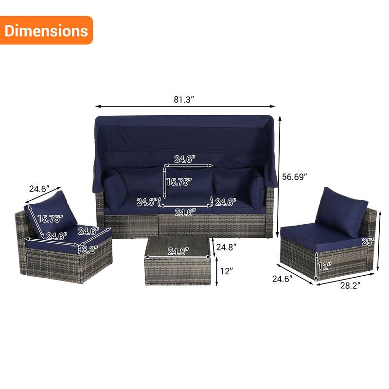 3-seat Sofa with Retractable Canopy, 2 Single Armless Chairs and Side Table - 5 Pieces Furniture Set Convertible Modular Daybed