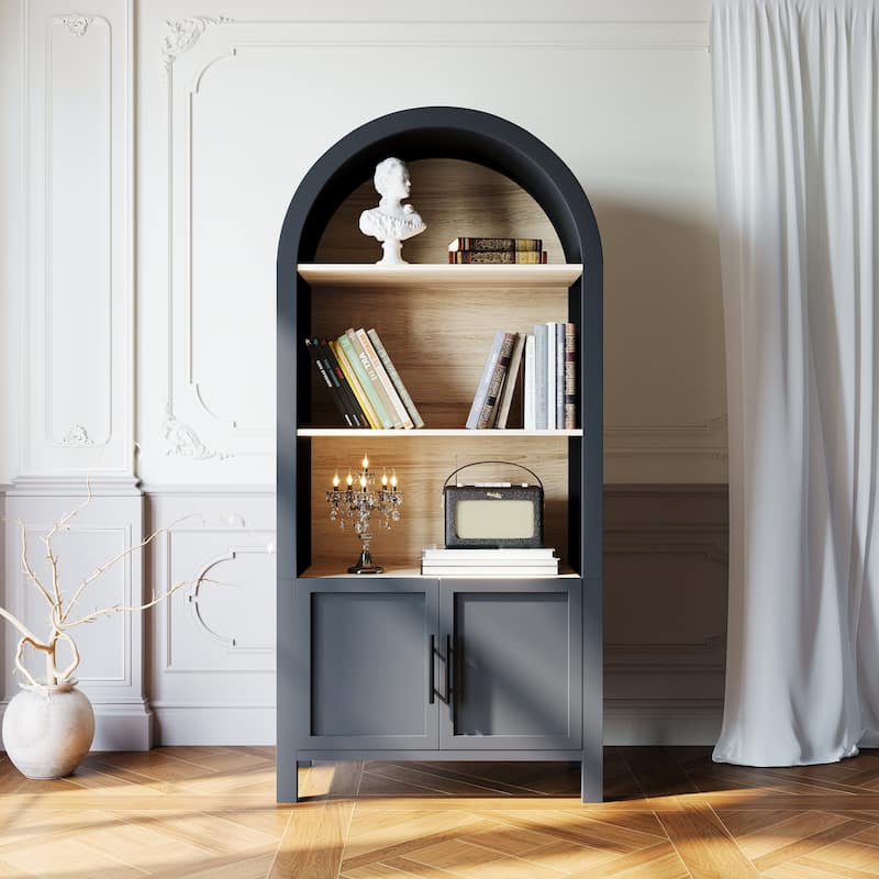 66.7" Arched Bookcase with Storage, Mid-Century Modern 4-Tier Curved Cabinet with Door, Arched Bookshelf with Open Display Shelf