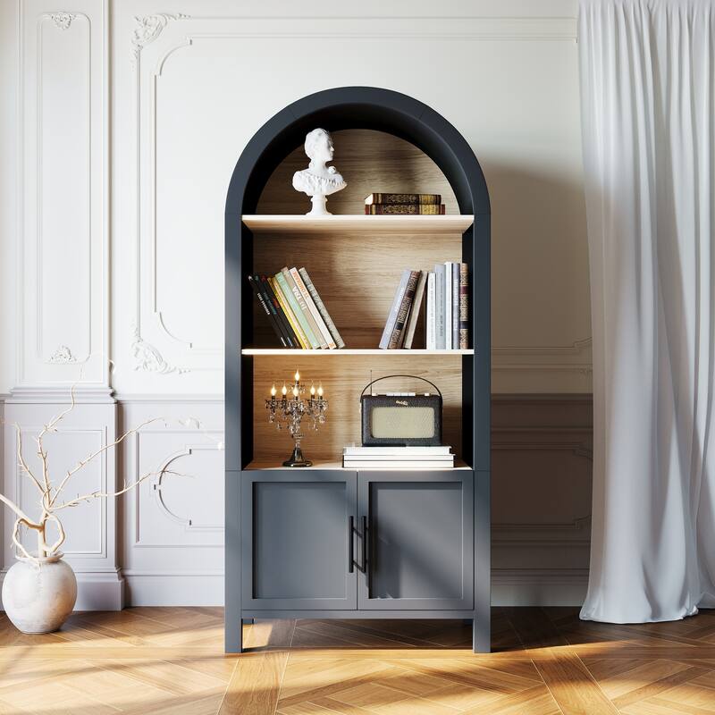 66.70 inch Tall Arched Bookcase with Storage, Mid-Century Modern 3-Tier Arched Cabinet with Door