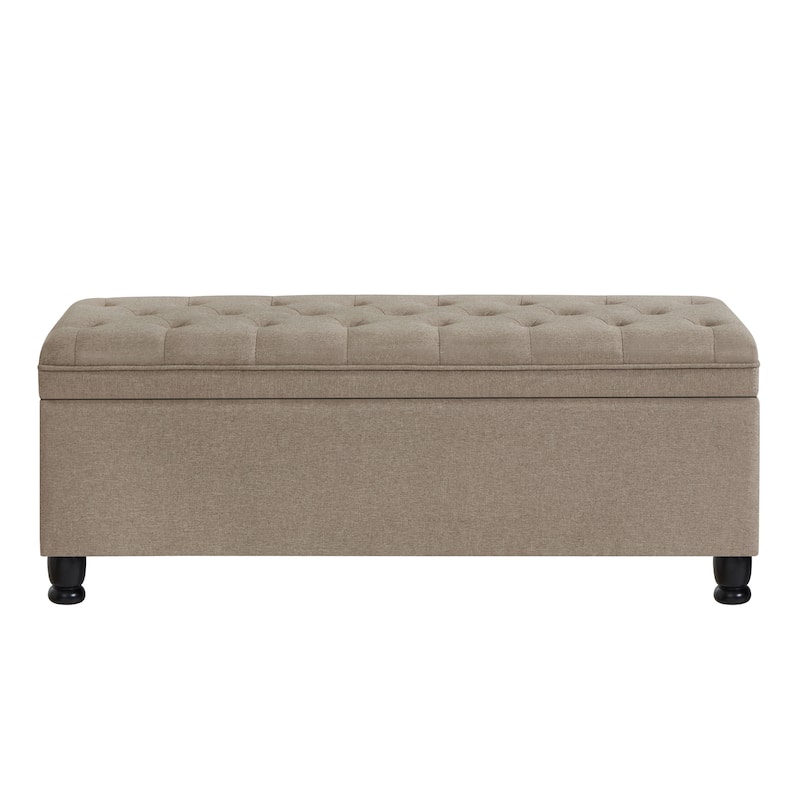 Linen Fabric Tufted Button Storage Bench with Spindle Wooden Legs