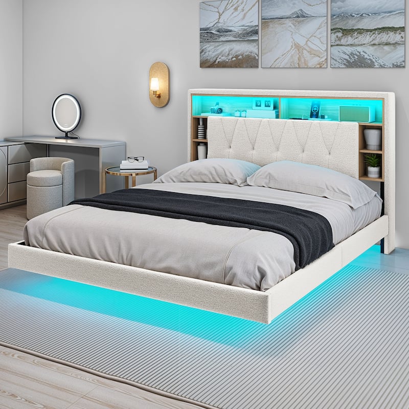 Moasis Queen Lambswool Upholstered Platform Floating Bed Frame with RGB LED Lights and , Bookcase Headboard & Charging Station