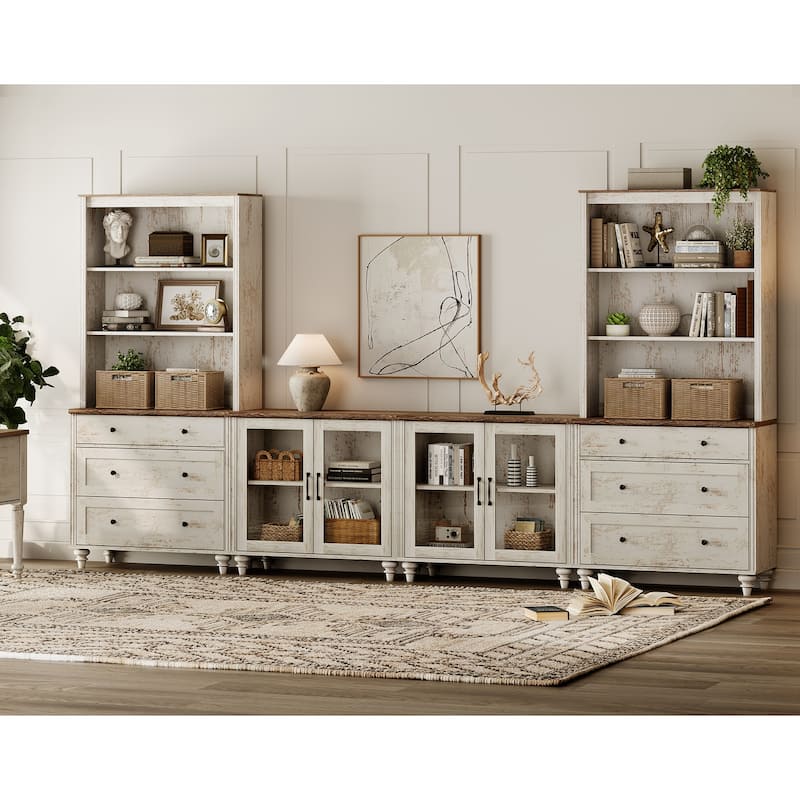Rustic White Farmhouse TV Stand with Wooden Doors & Drawers