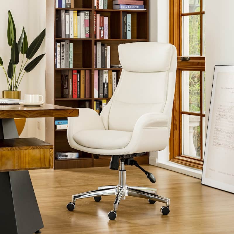 Glitzhome 48-inch Mid-century Adjustable Swivel Faux Leather Office Chair - Cream