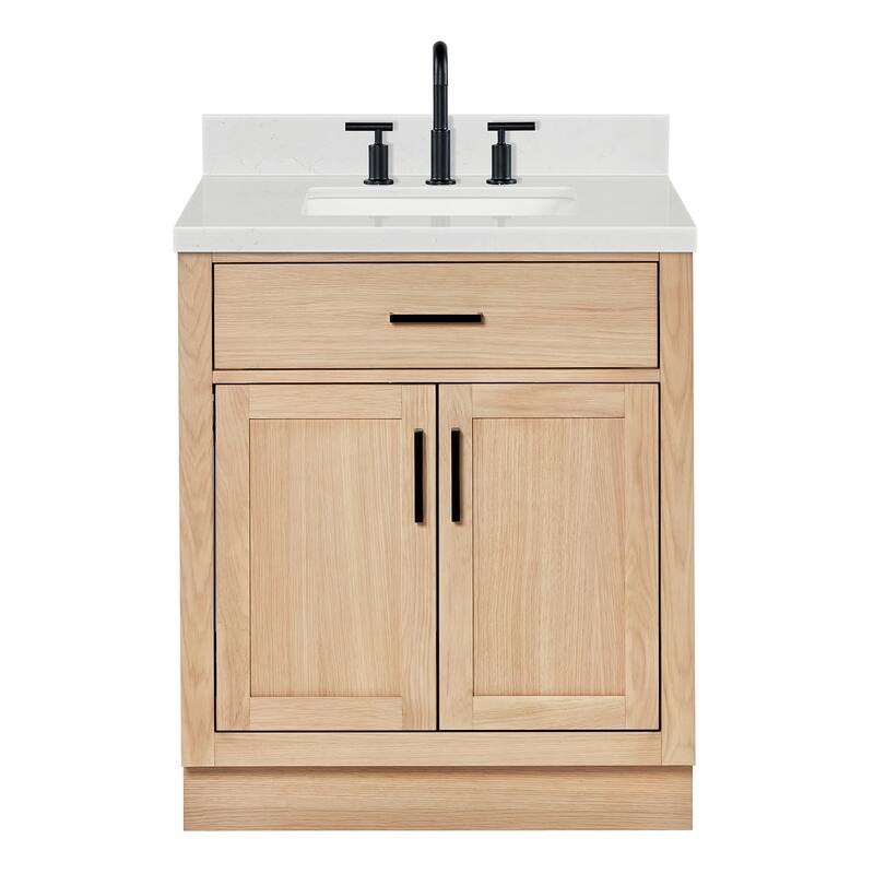 Ariel T030SCQRVO Hepburn 30" Free Standing Single Basin Vanity Set - Oak / Carrara White Quartz Top / Matte Black