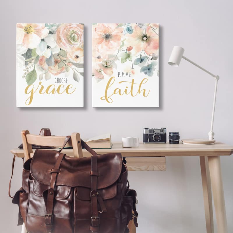 Stupell Spiritual Phrases on Florals Canvas Wall Art Design By Carol Robinson (Set of 2)