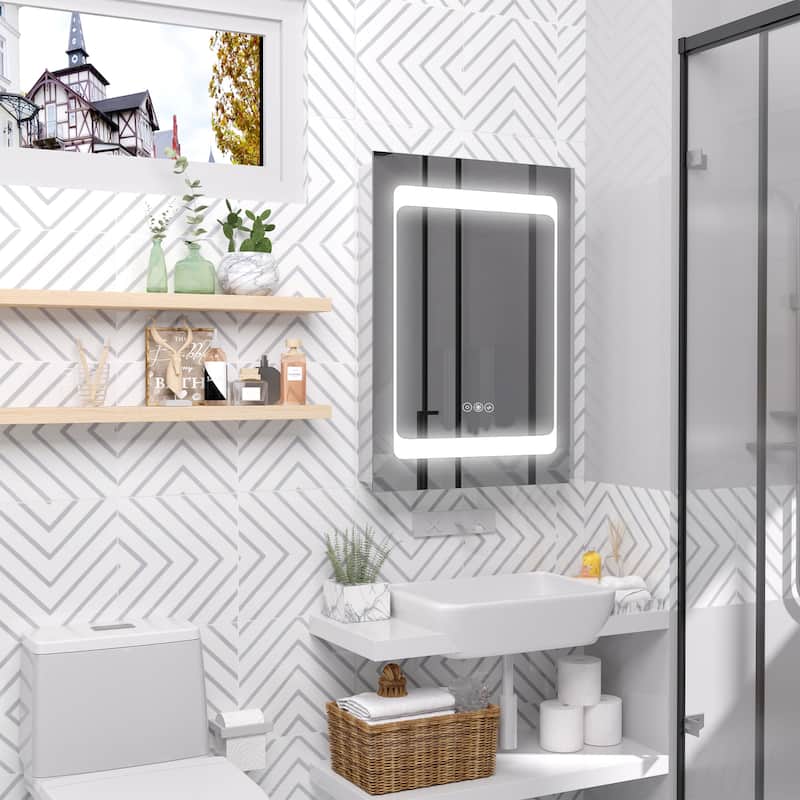kleankin Dimmable LED Lighted Medicine Cabinet with Mirror, Wall-mounted Bathroom Cabinet w/ 3-tier Storage Shelves Smart Touch - Glass Finish - Silver