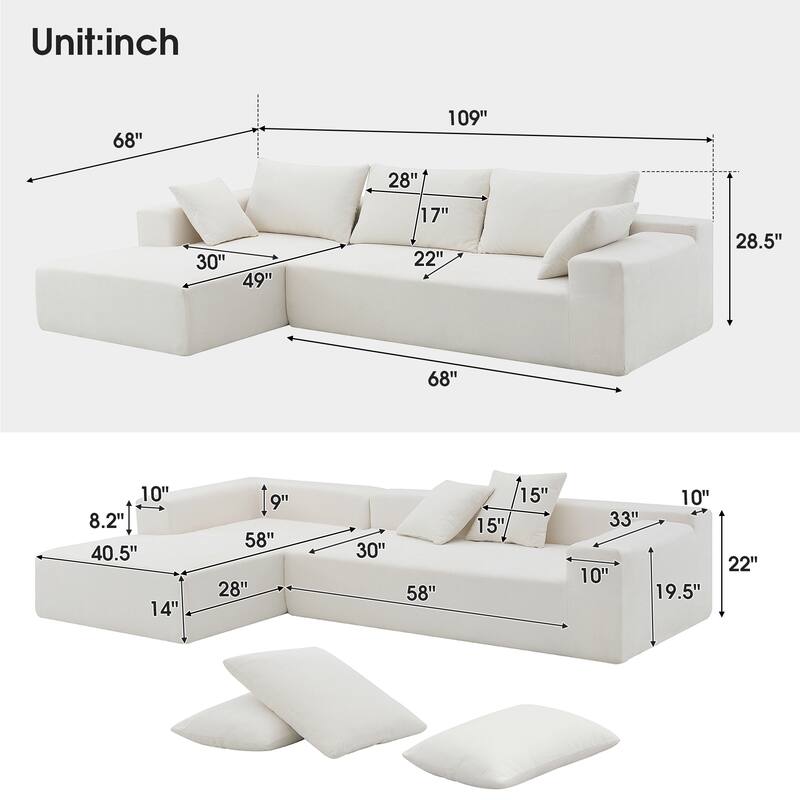 109*68" Modular Sofa Set, Cream Chenille, 2 PC, L-Shape, No Assembly