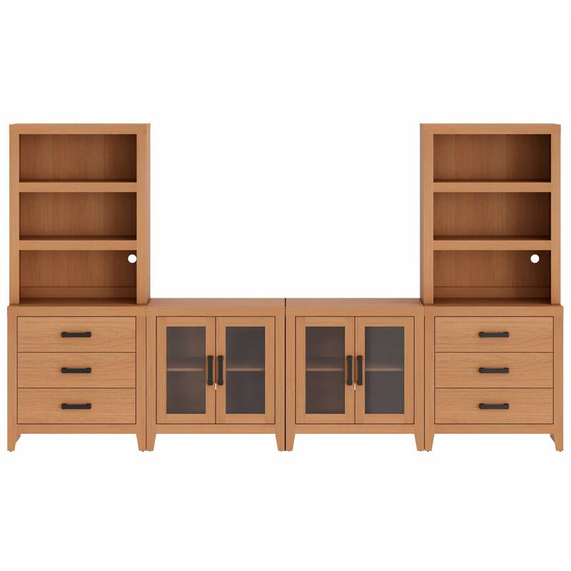 WAMPAT Farmhouse Entertainment Center with Bookshelves, Modular TV Stand with Drawers & Glass Doors - 126"W x 72.2"H x 15.4"D
