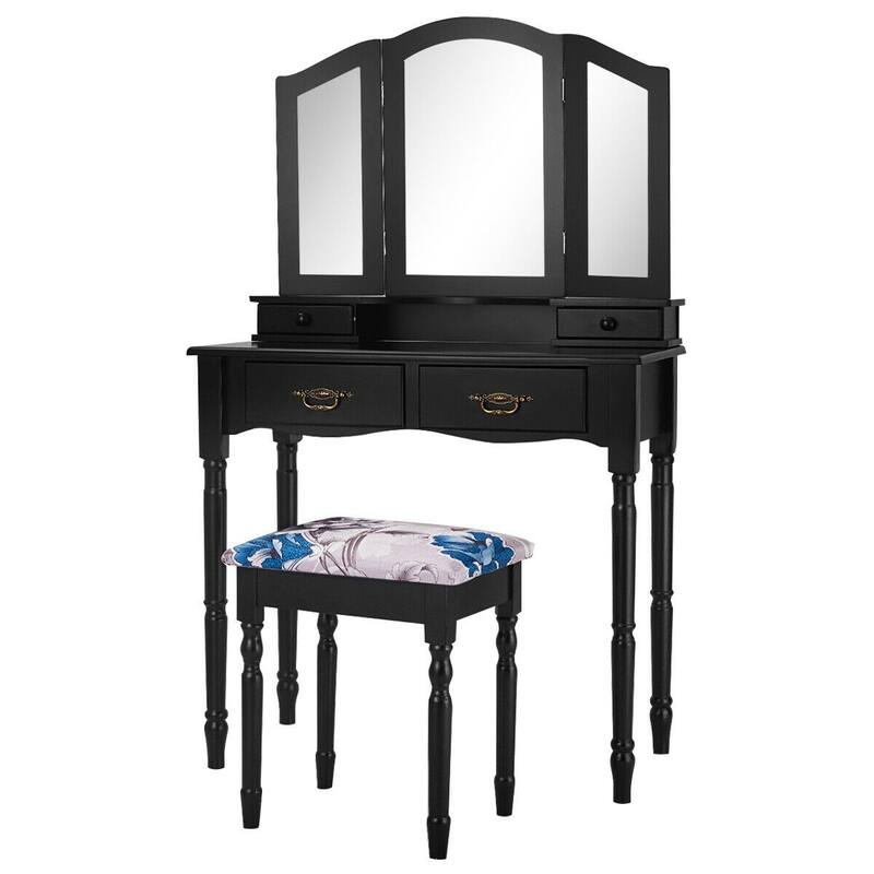 Vanity Makeup Dressing Table with Tri Folding Mirror - 31.5" x 15.7" x 54.0" (L x W x H) - Black