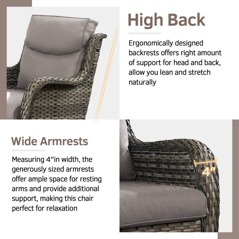 Outdoor Swivel Chairs 3 Piece Wicker Rocking Charis Table Set - Grey