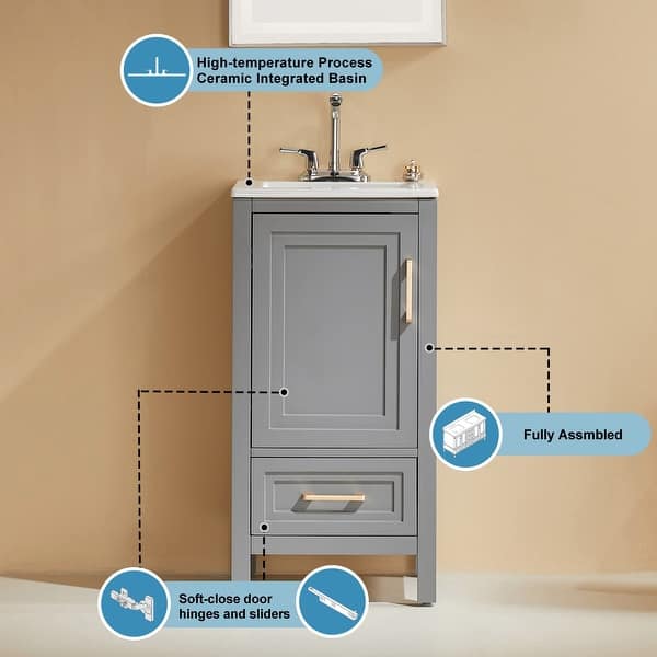 dimension image slide 1 of 2, 18-Inch Bathroom Vanity Cabinet - Modern Grey Storage Unit with Door and Drawer, Ideal for Small Spaces