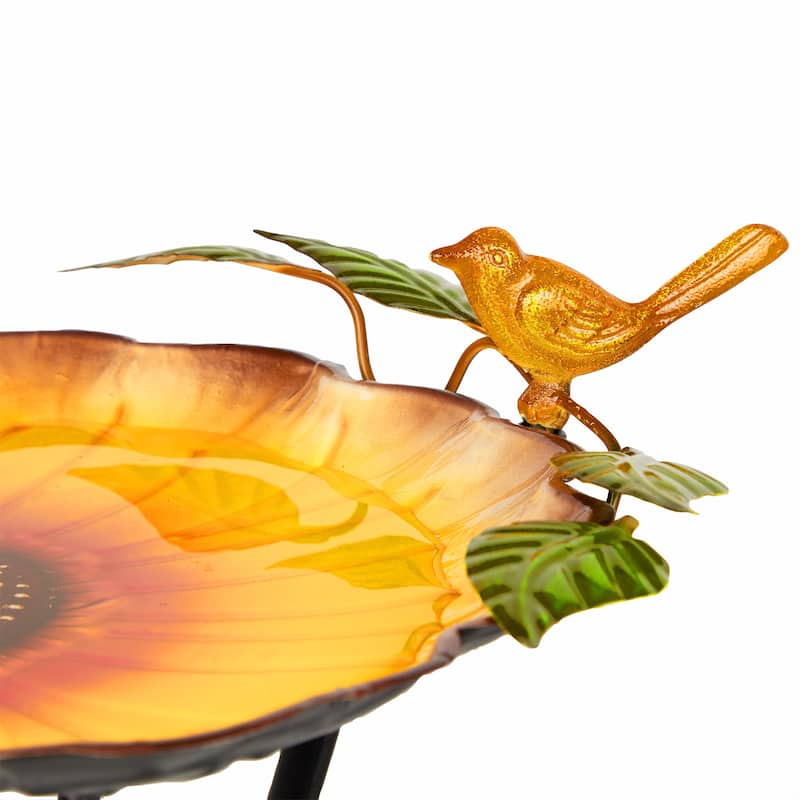 Metal Daisy Birdbath with Bird and Sunflower Stand