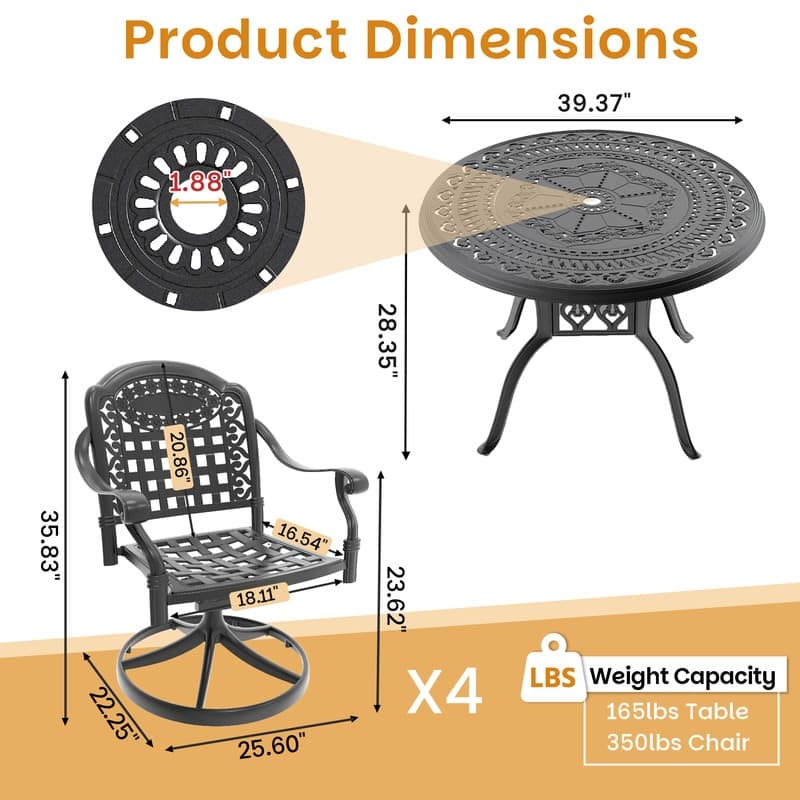 5-Piece Aluminum Round Outdoor Patio Dining Set, 4 Cushioned Swivel Chairs, Table, All-Weather Frames