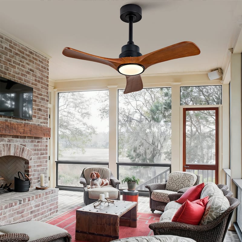 36-Inch Ceiling Fan Light with 6-Speed Remote Control, Black Three-Blade, Reversible Wooden Fan Blades, DC Motor