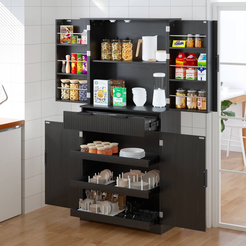 Kitchen Pantry Cabinet with 3 Keyboard Drawers, Freestanding Bathroom Cabinet with 6 Door Shelves Adjustable - Black