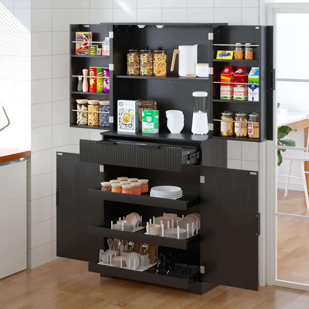 Modern Kitchen Storage Cabinet with 3 Keyboard Drawers & 6 Adjustable Shelves - 72" Tall Freestanding Cupboard for Bathroom