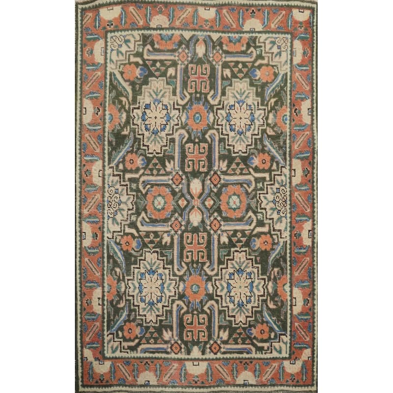 Hand Knotted Oriental 100% Wool Carpet Traditional Geometric Green Heriz Area Rug - 4' 8'' X 3' 2''