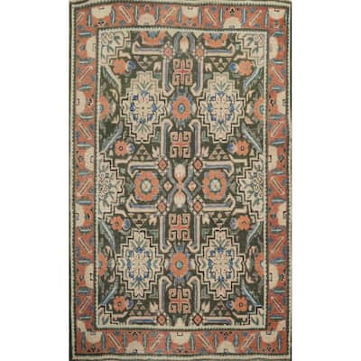 Hand Knotted Oriental 100% Wool Carpet Traditional Geometric Green Heriz Area Rug - 4' 8'' X 3' 2''