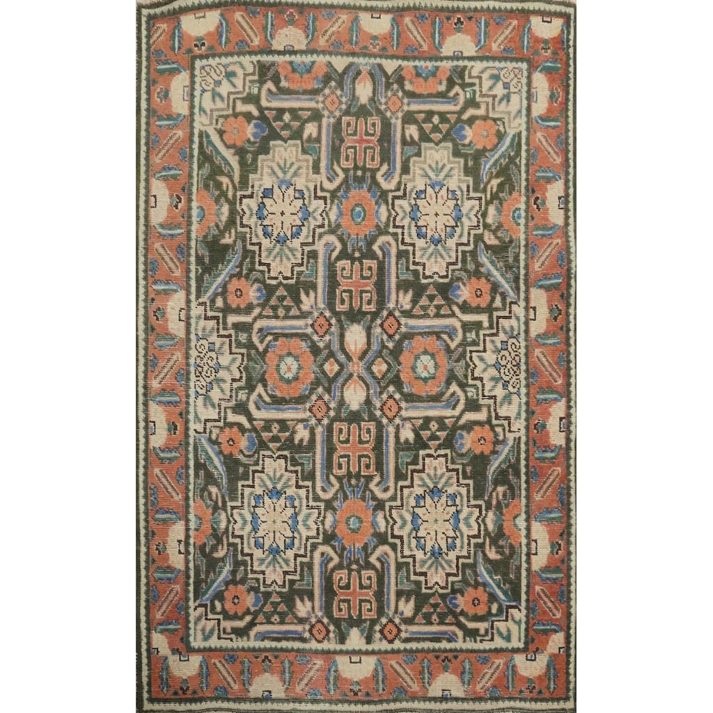 Hand Knotted Oriental 100% Wool Carpet Traditional Geometric Green Heriz Area Rug - 4' 8'' X 3' 2''