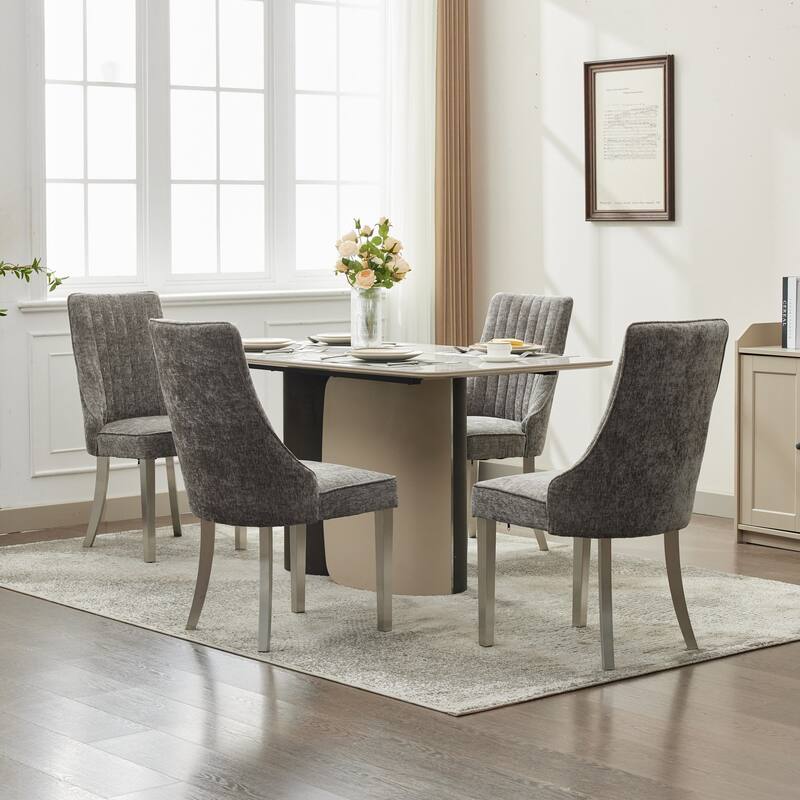 Chenille Fabric Dining Chairs, Tufted Upholstered Kitchen Chairs, High Back Dining Chairs with Stainless Steel Legs