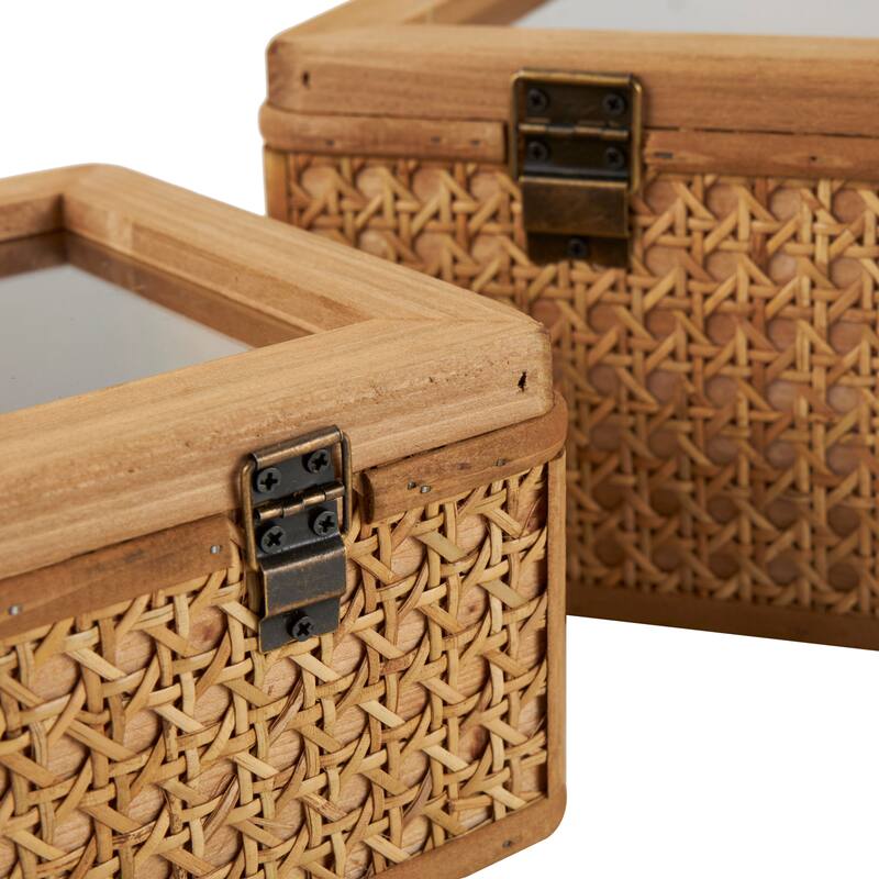 Brown Rattan Handmade Woven Rattan Box with Glass Tops and Bronze Latches (Set of 2)