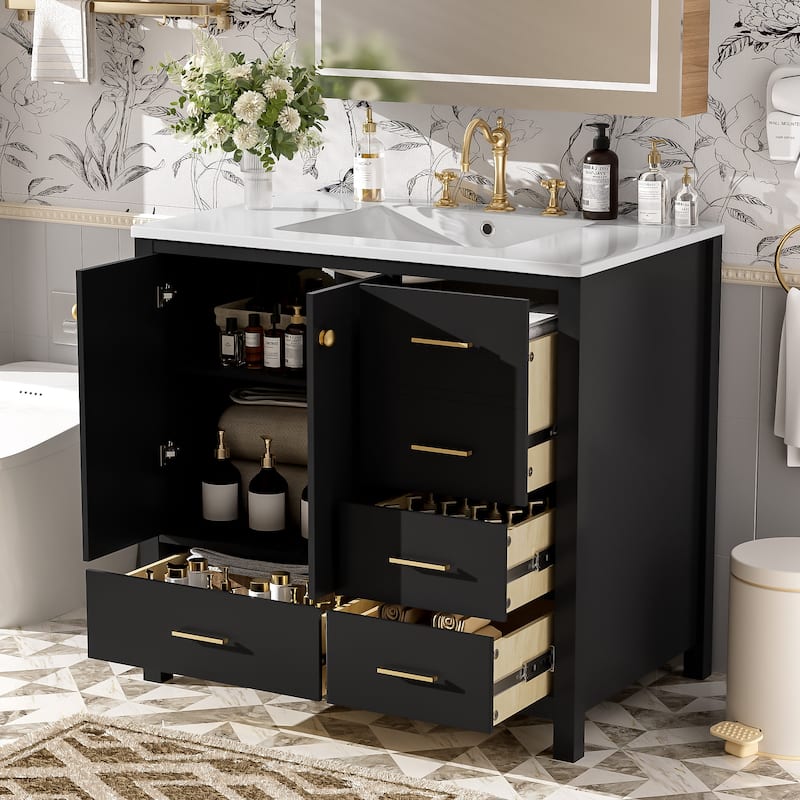 36'' Bathroom Vanity with Ceramic Sink Combo Freestanding Bathroom Storage Cabinet with 4 Drawers and Soft Closing Doors