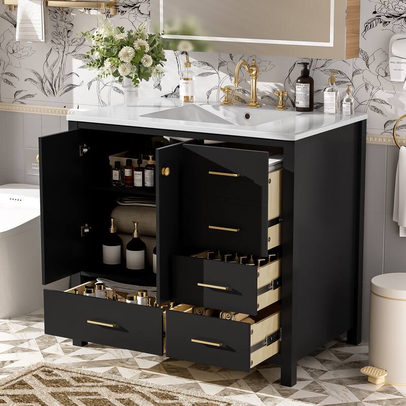 Black Storage Cabinet for Bathroom Vanity with Ceramic Sink, Solid Wood Frame, 4 Full-Extension Drawers and Soft Closing Doors