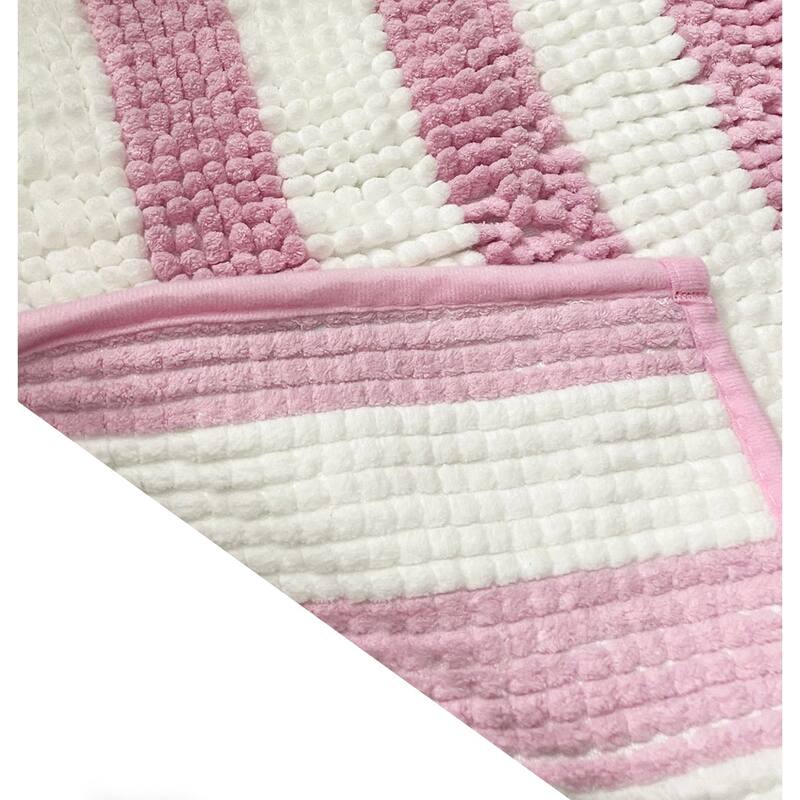 Large 2 Piece Set Pink White Stripe Soft Cozy Plush Chenille Bath Mat Bathroom Rug