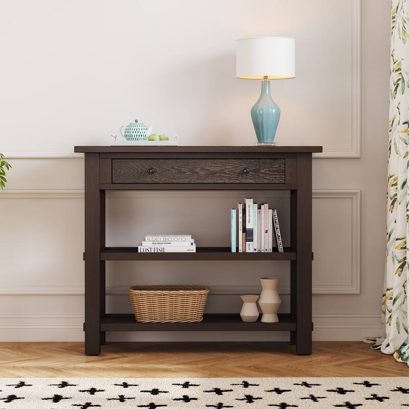 36" Retro Console Table with Drawer and Two Sturdy Shelves for Entryway or Living Room